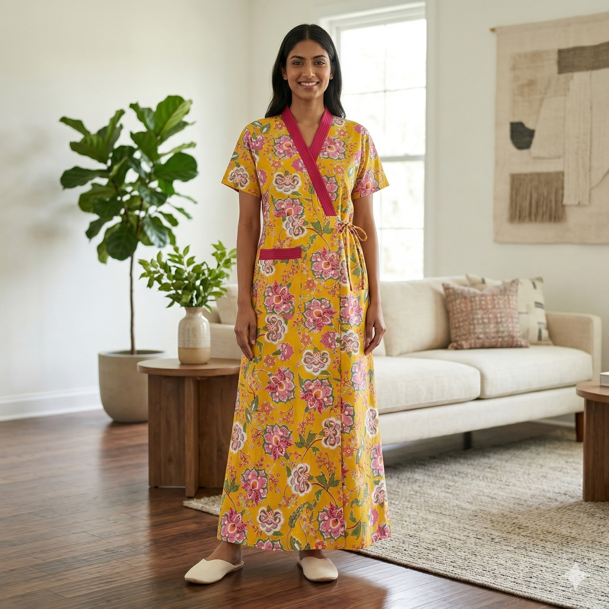 Pure Cotton Yellow Peony Housecoat