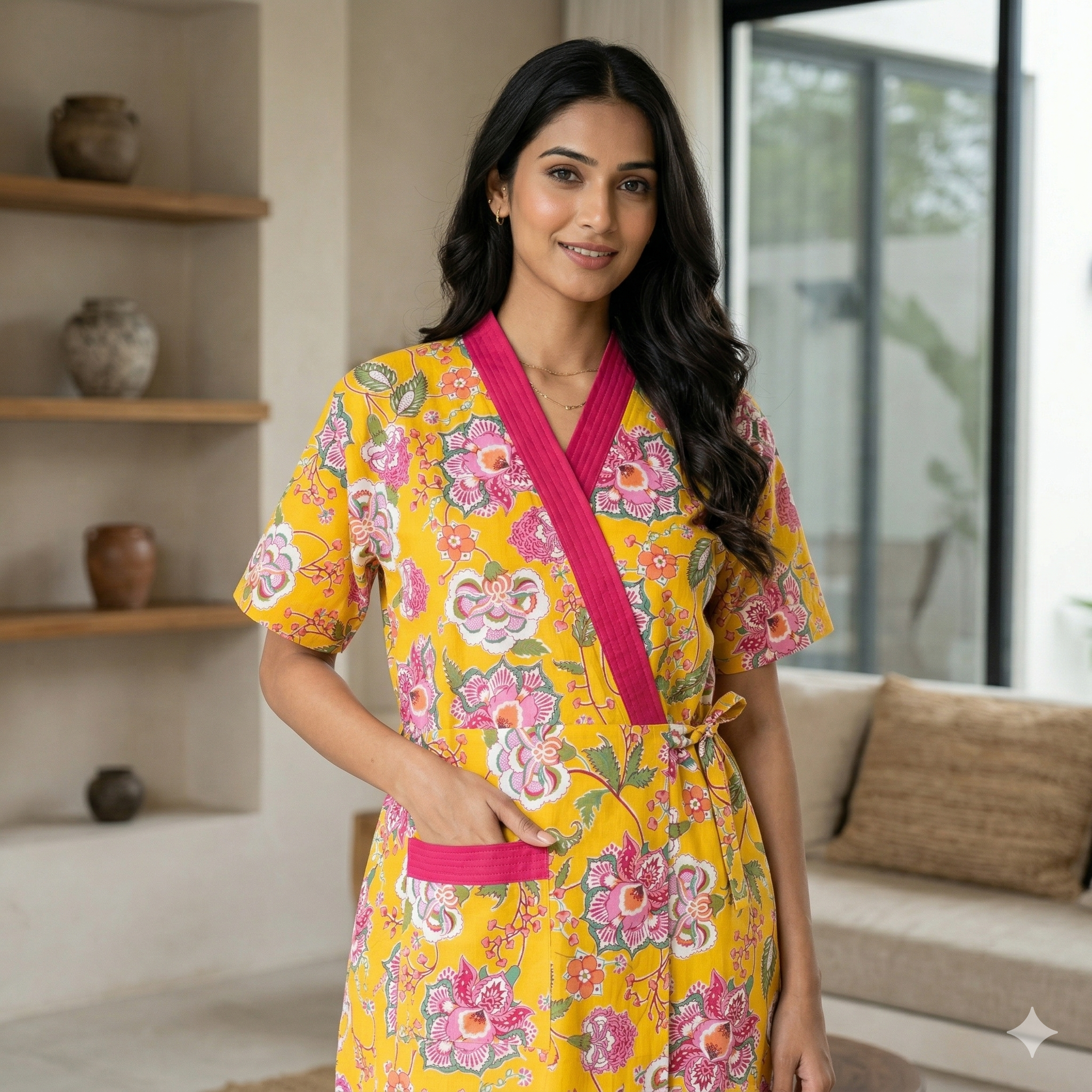 Pure Cotton Yellow Peony Housecoat