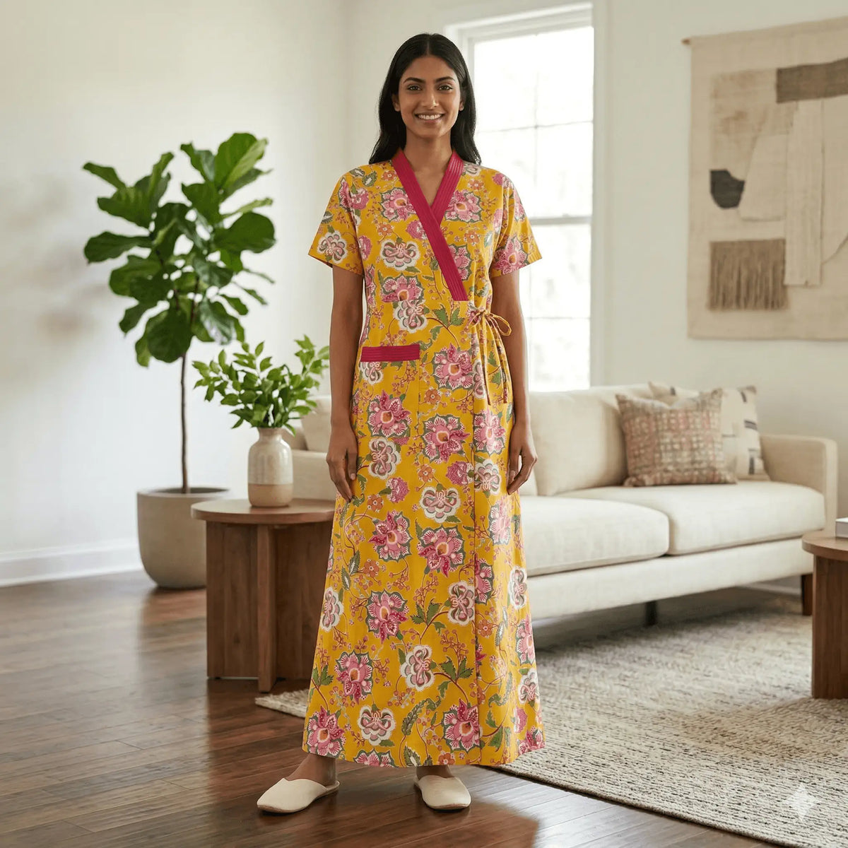 Pure Cotton Yellow Peony Housecoat