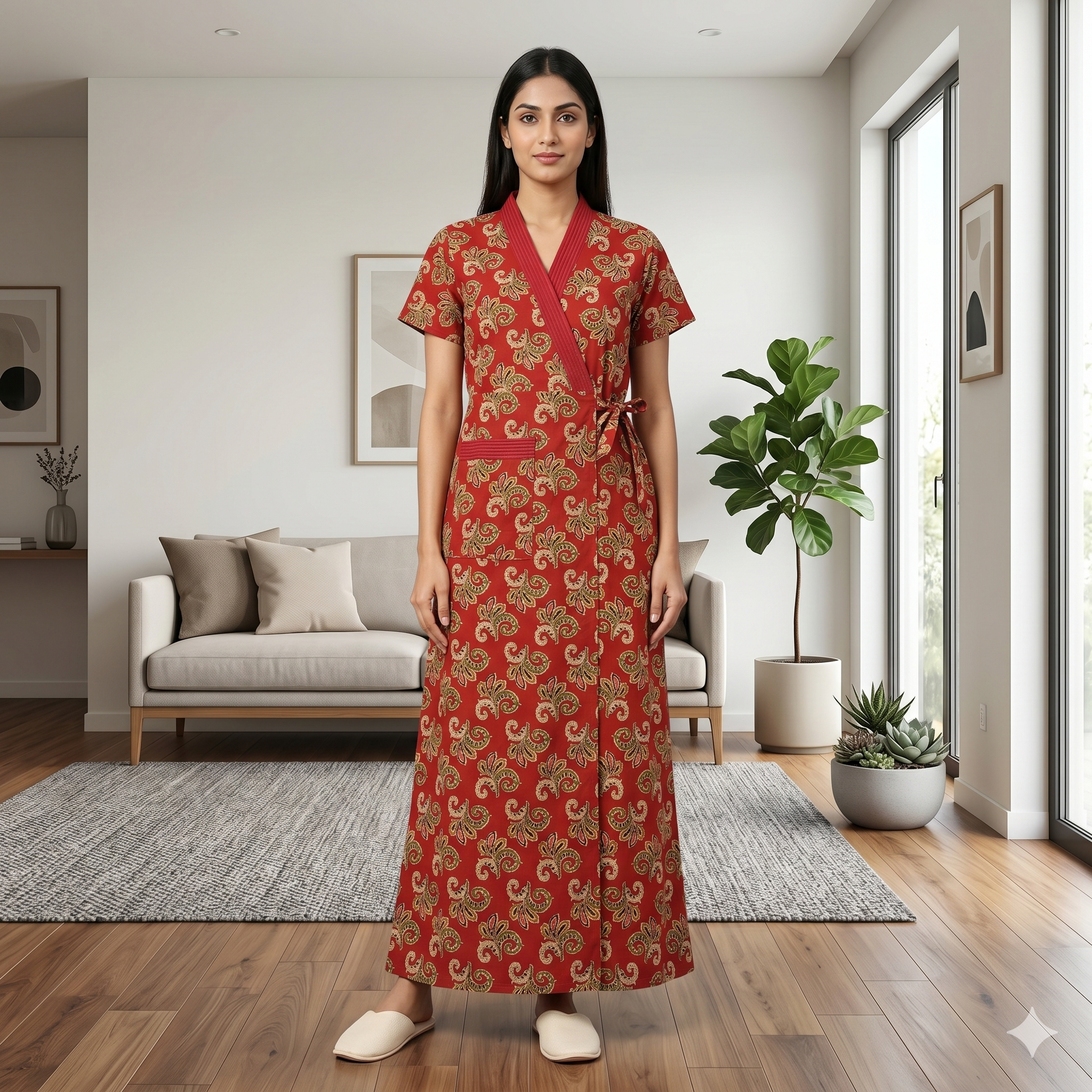 Pure Cotton Red Orchid Housecoat