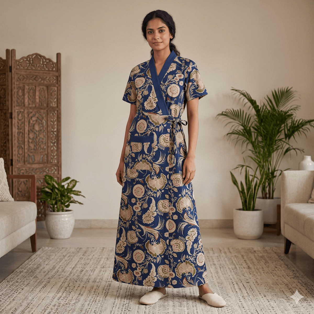 Pure Cotton Navy Blue Orchid Housecoat