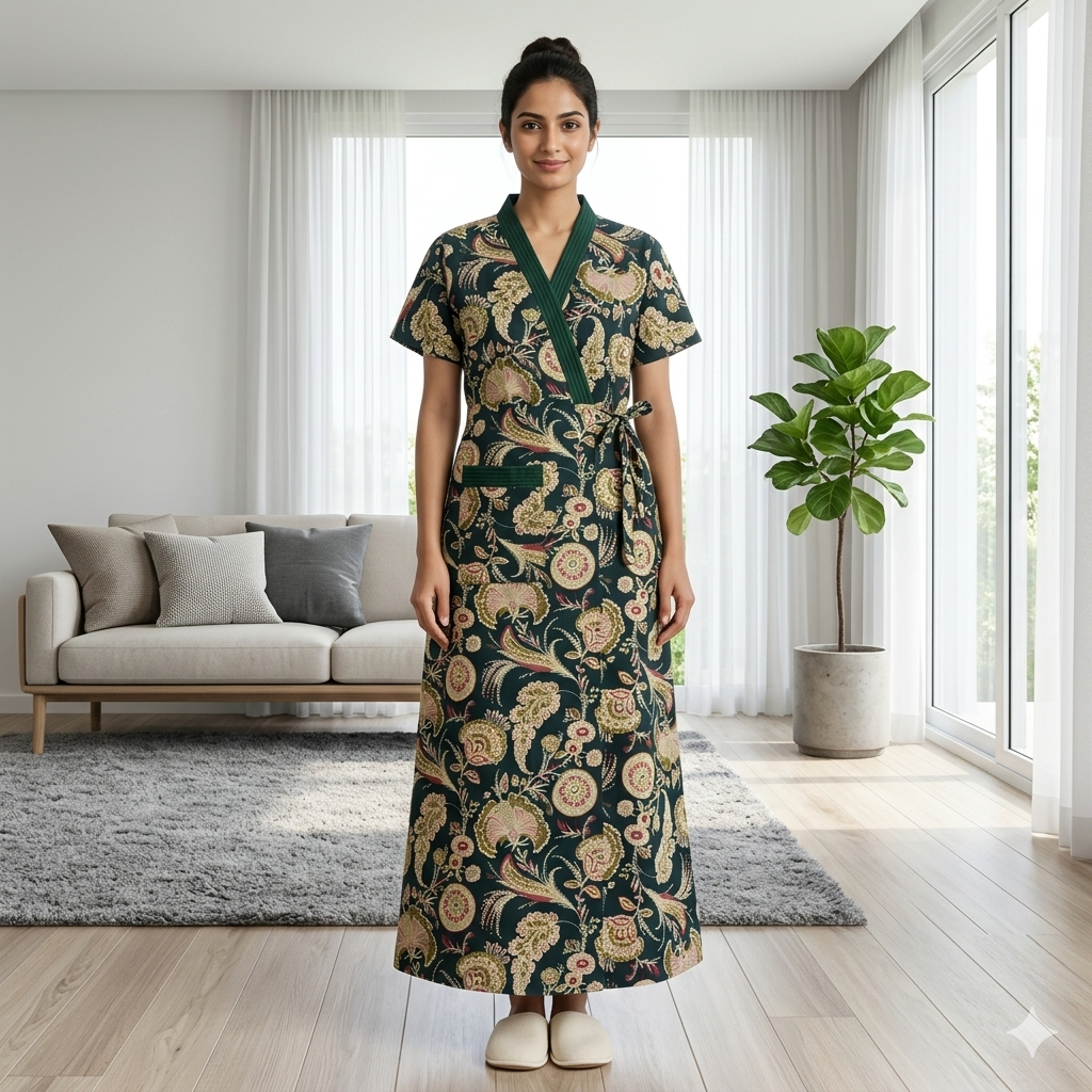 Pure Cotton Deep Green Orchid Housecoat