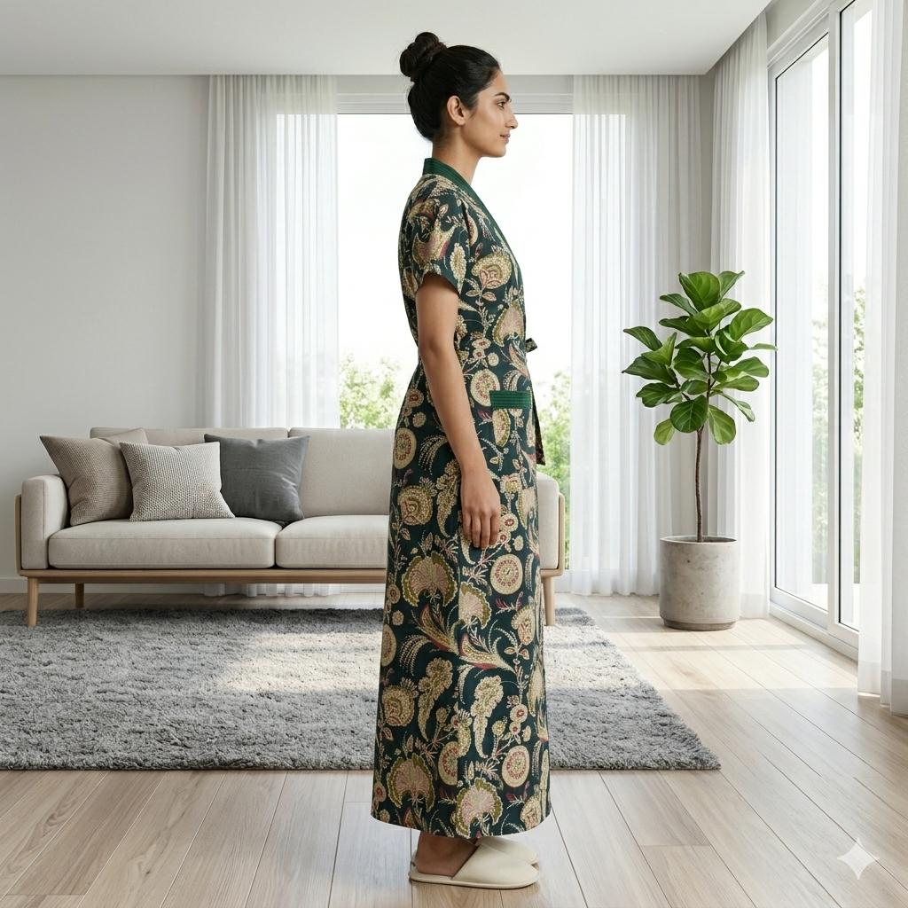 Pure Cotton Deep Green Orchid Housecoat
