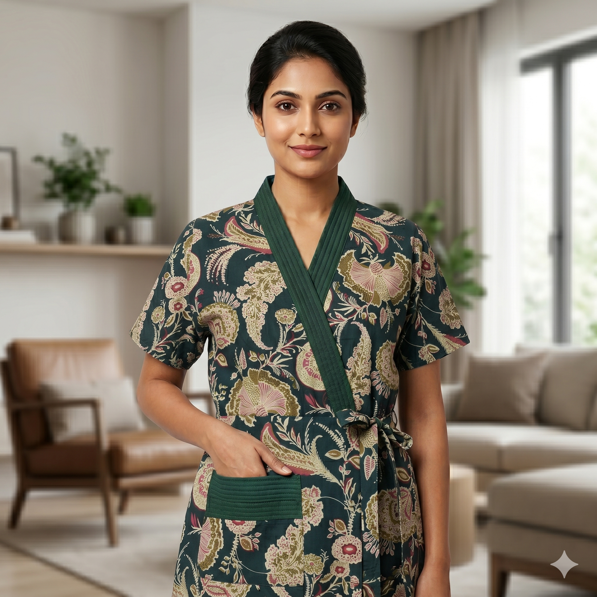 Pure Cotton Deep Green Orchid Housecoat