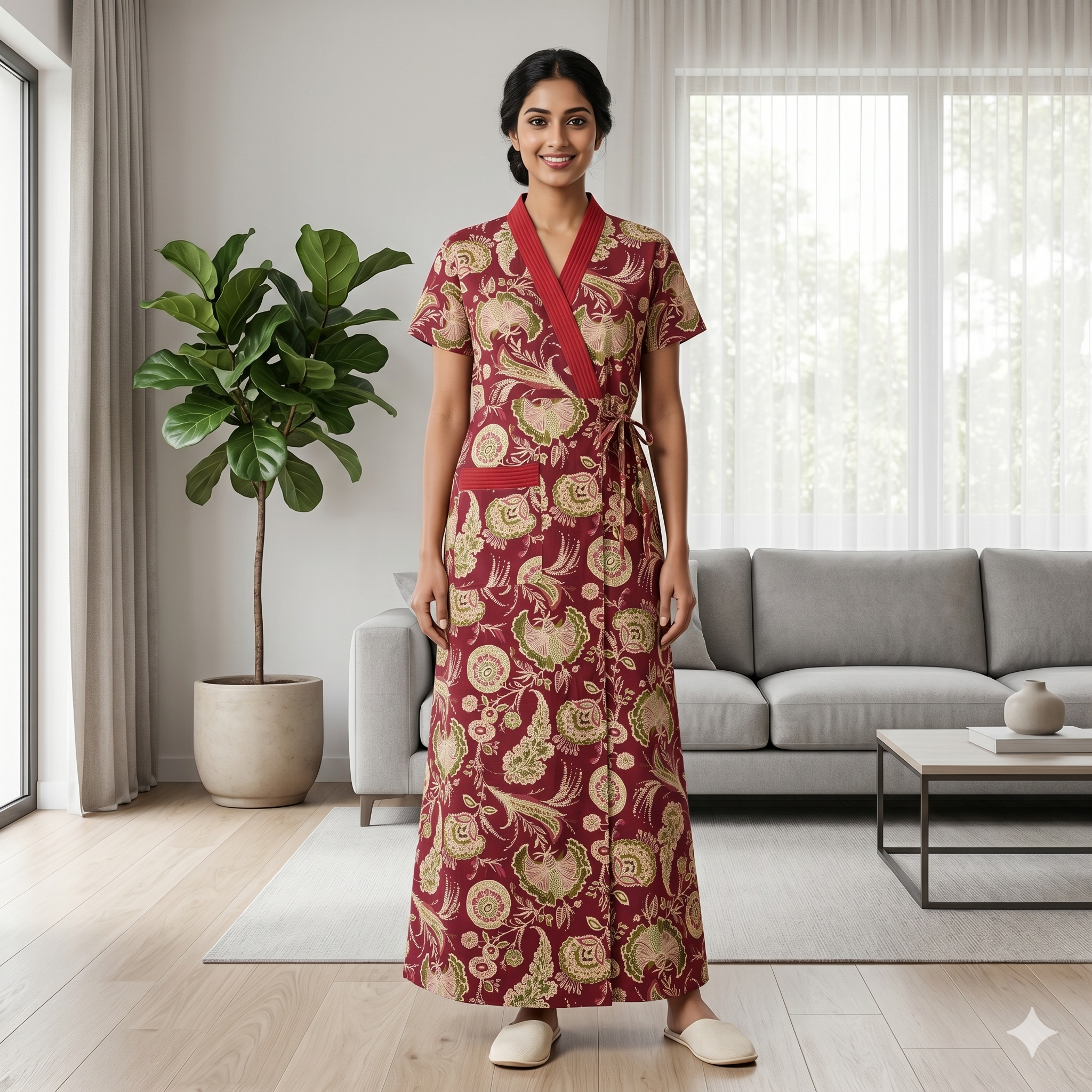Pure Cotton Maroon Orchid Housecoat