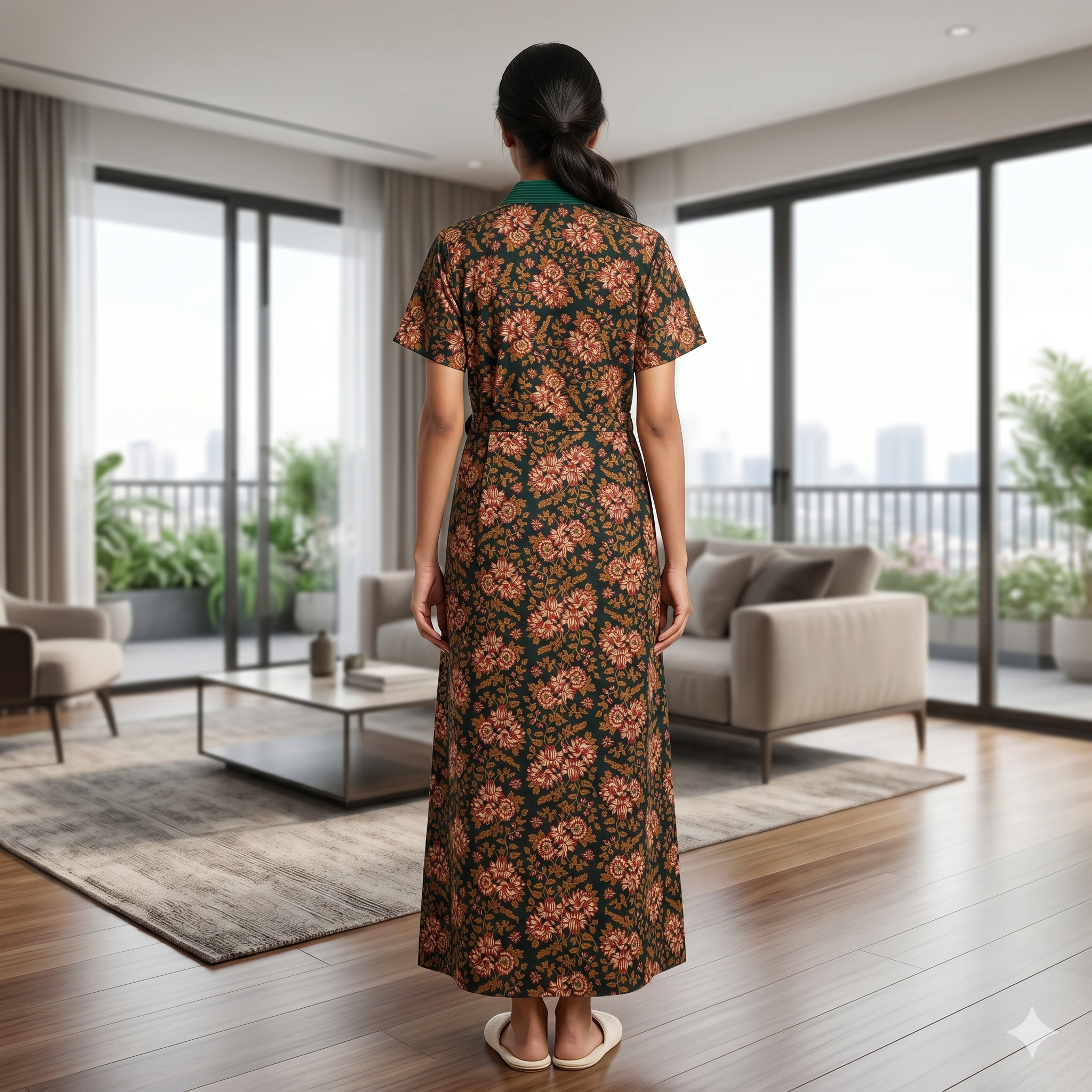 Pure Cotton Green Alstroemeria Housecoat