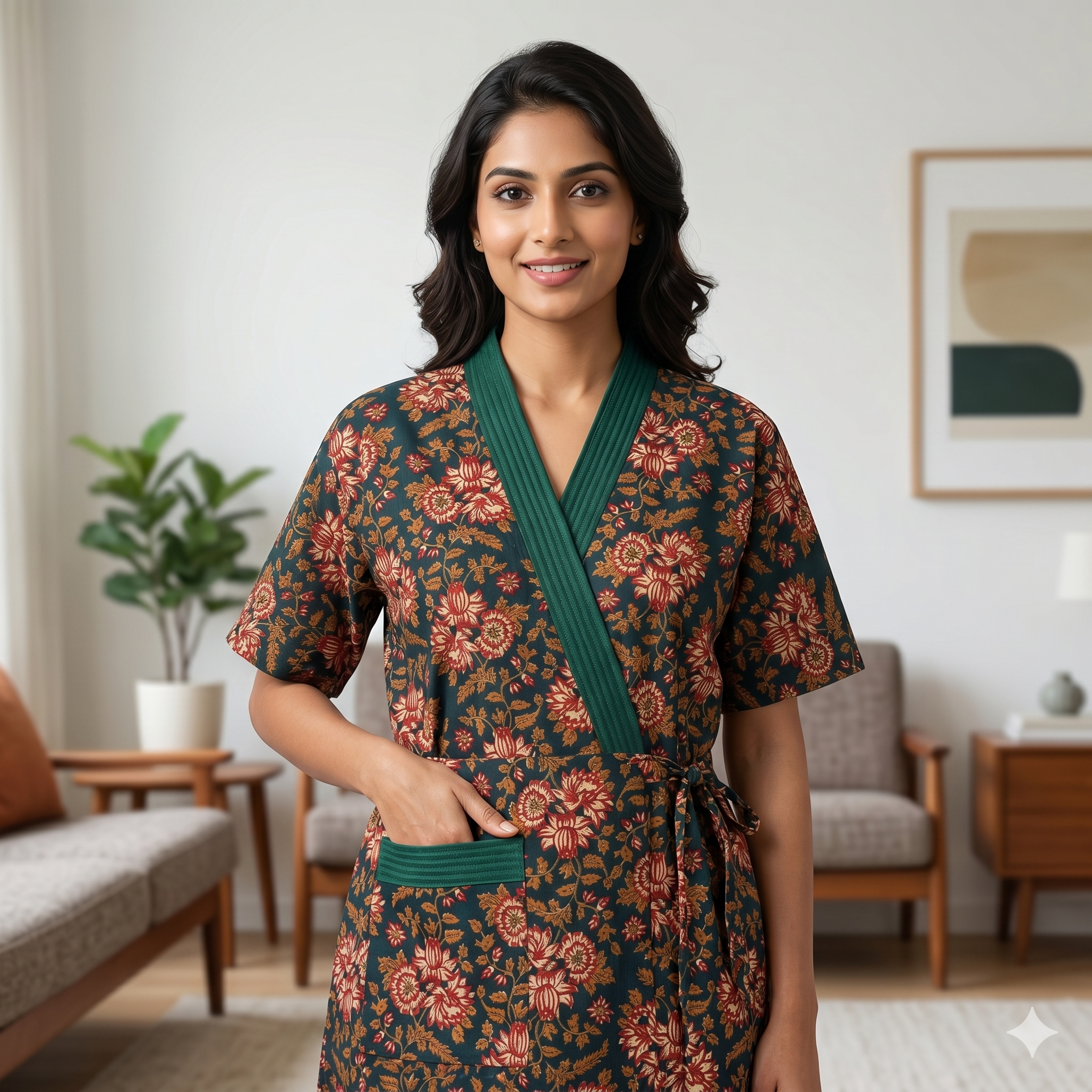 Pure Cotton Green Alstroemeria Housecoat
