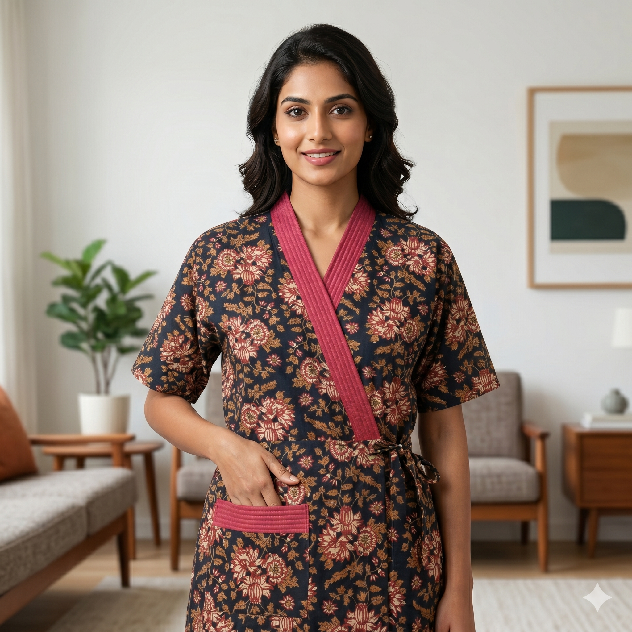 Pure Cotton Black Alstroemeria Housecoat