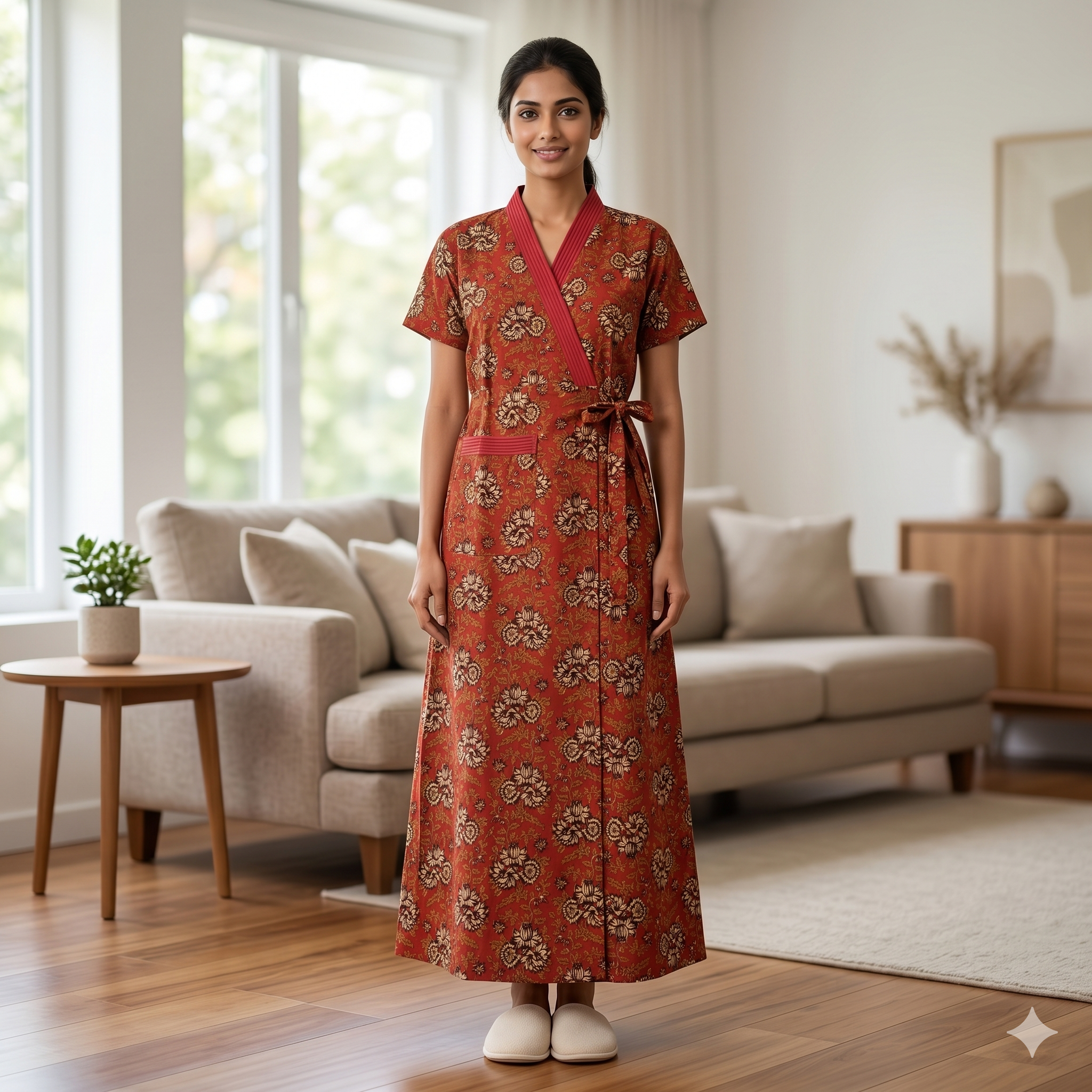 Pure Cotton Blood Red Alstroemeria Housecoat