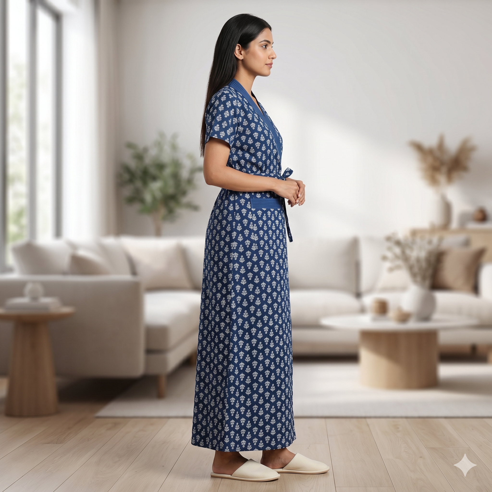 Pure Cotton Navy Blue Alstroemeria Housecoat