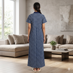 Pure Cotton Navy Blue Alstroemeria Housecoat