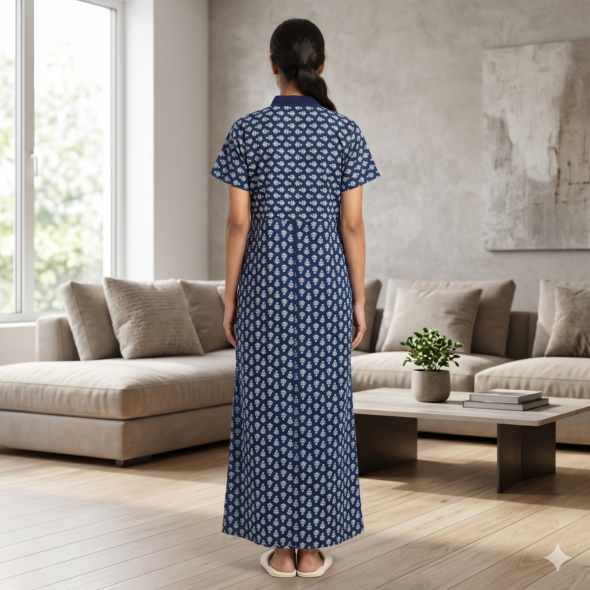 Pure Cotton Navy Blue Alstroemeria Housecoat