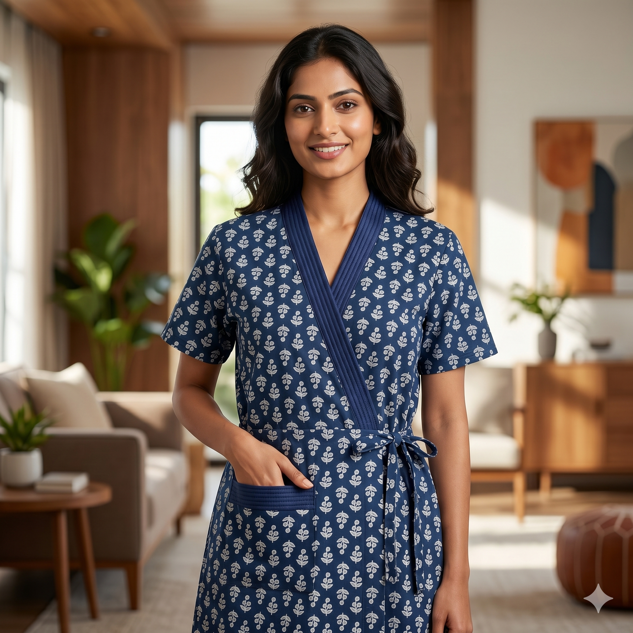 Pure Cotton Navy Blue Alstroemeria Housecoat