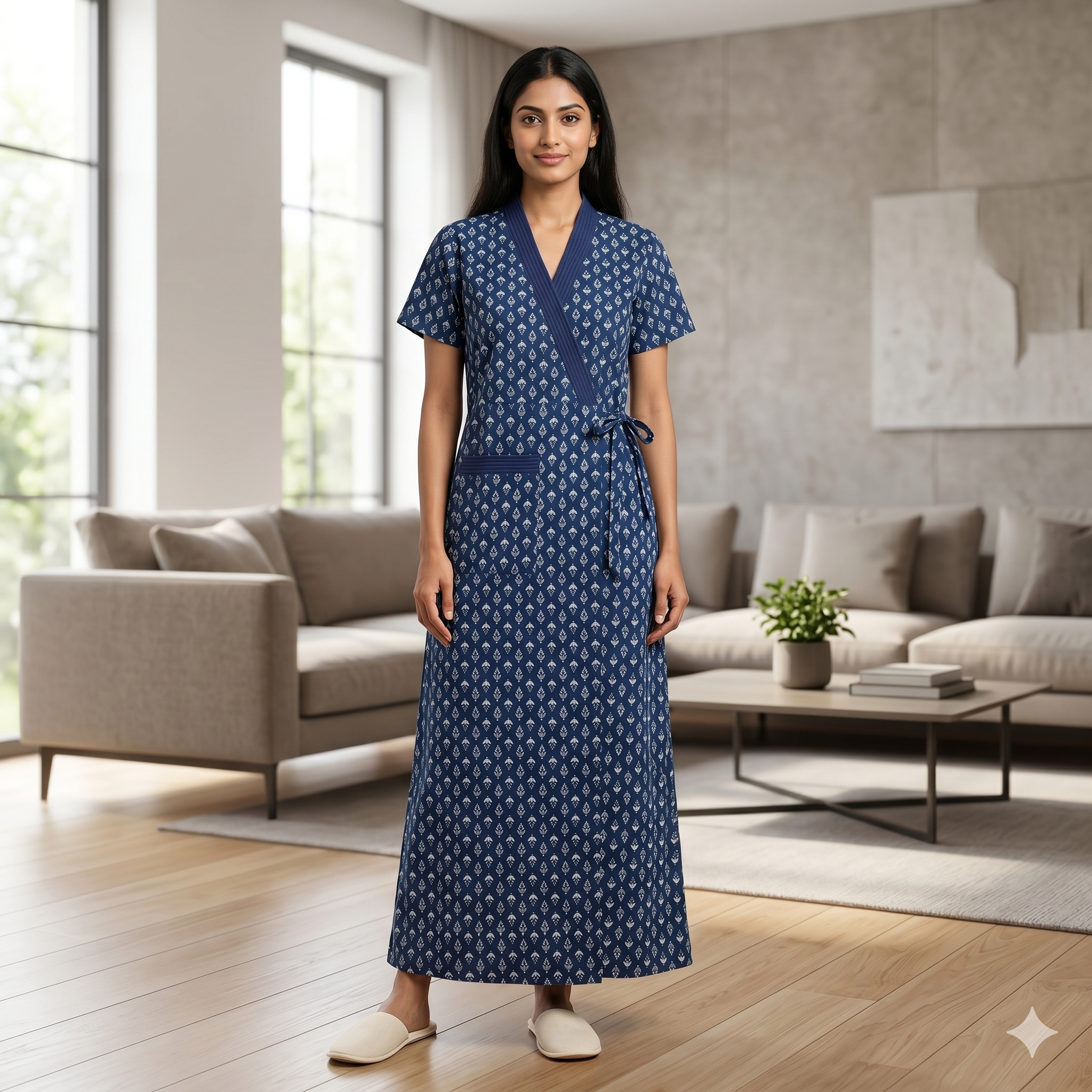 Pure Cotton Deep Blue Alstroemeria Housecoat
