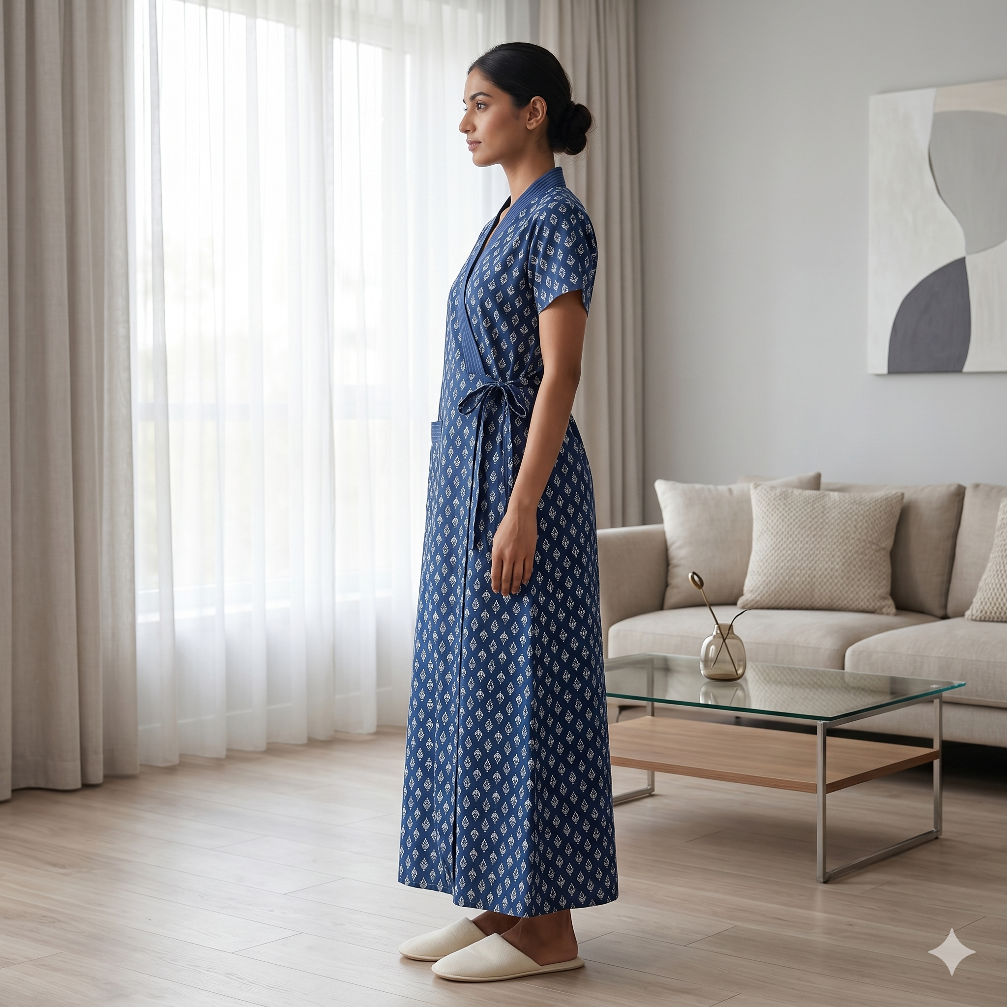 Pure Cotton Deep Blue Alstroemeria Housecoat