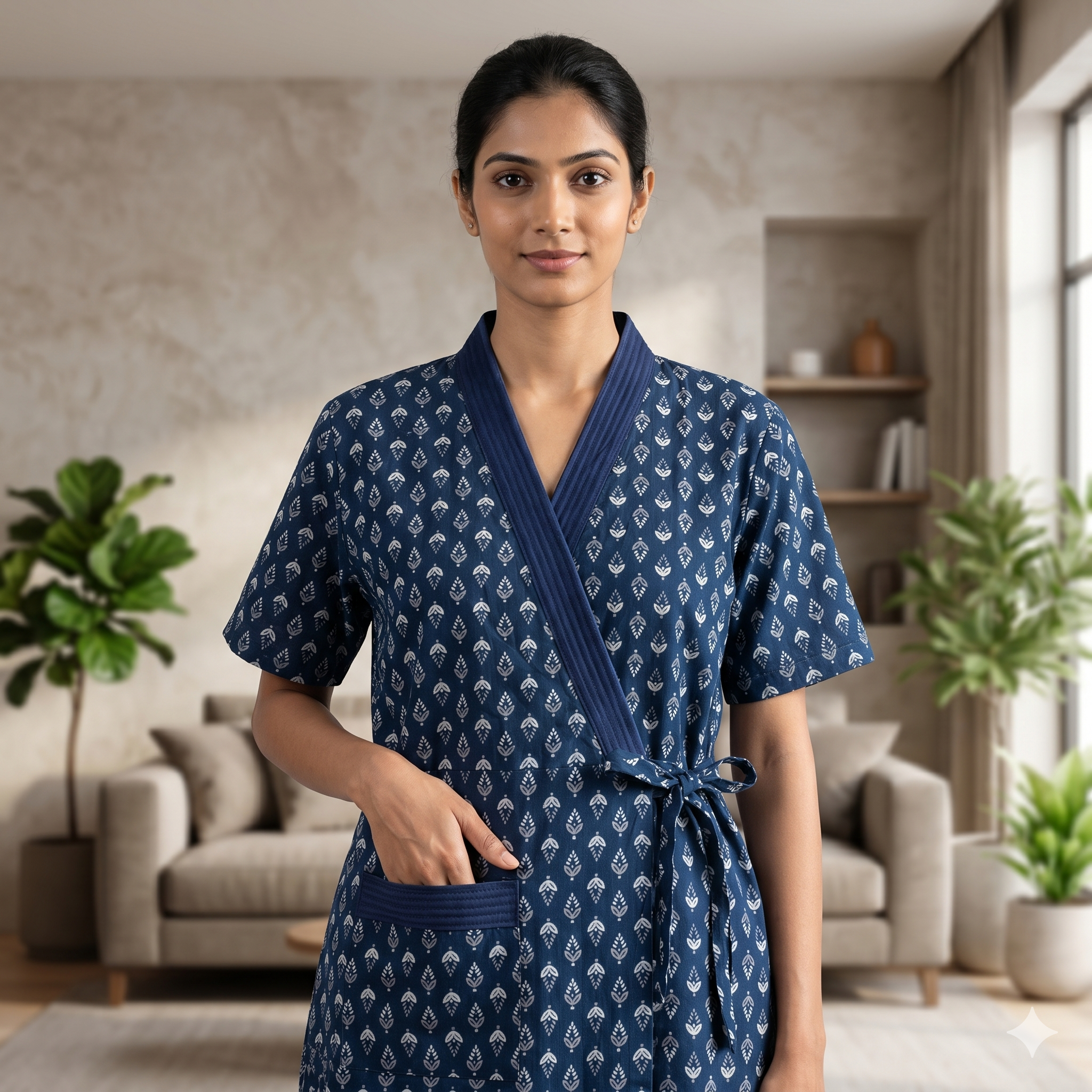Pure Cotton Deep Blue Alstroemeria Housecoat