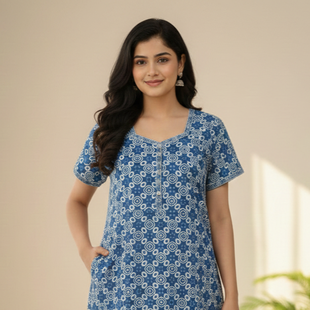 Pure Cotton A-Line Blue Rose Nighty