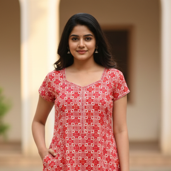 Pure Cotton A-Line Orange Rose Nighty