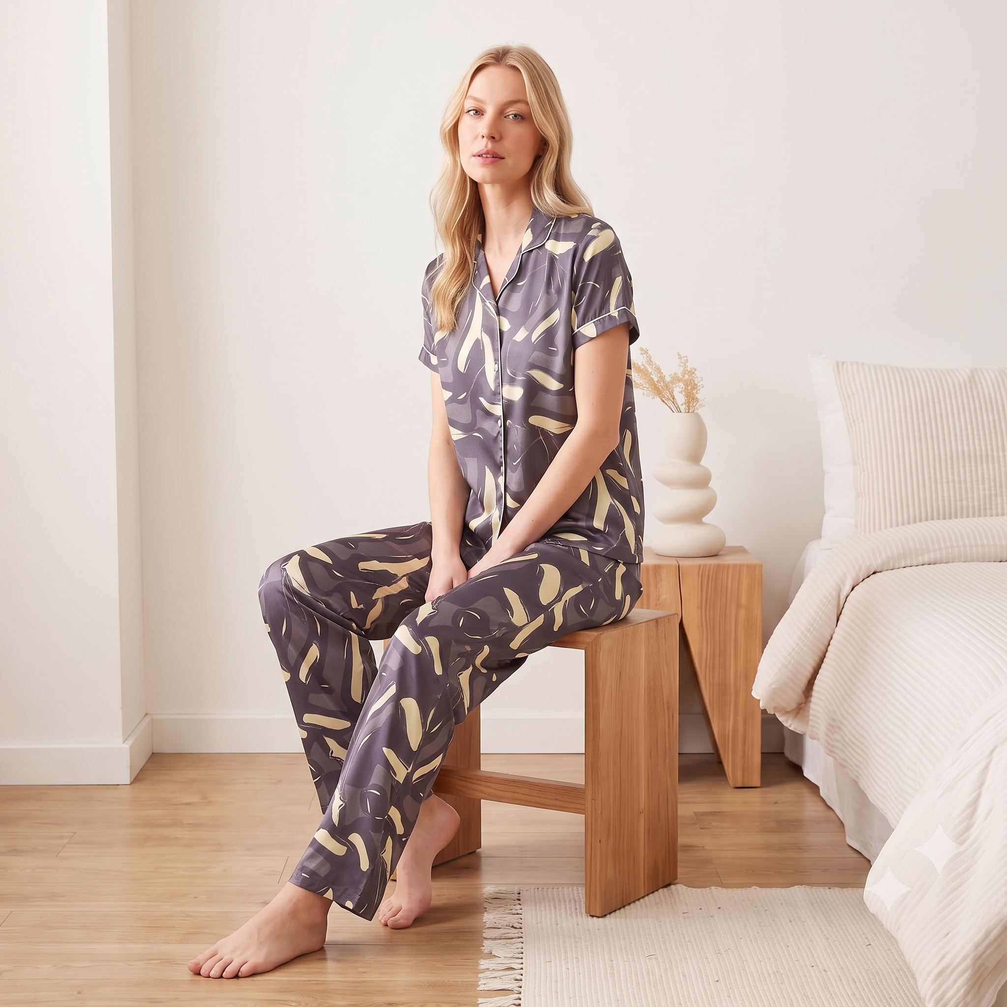 Premium Soft Satin Grey Iris Nightsuit