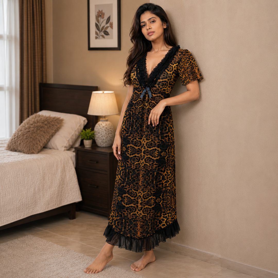 Fancy Yellow Sleepwear Nighty With Panty Set