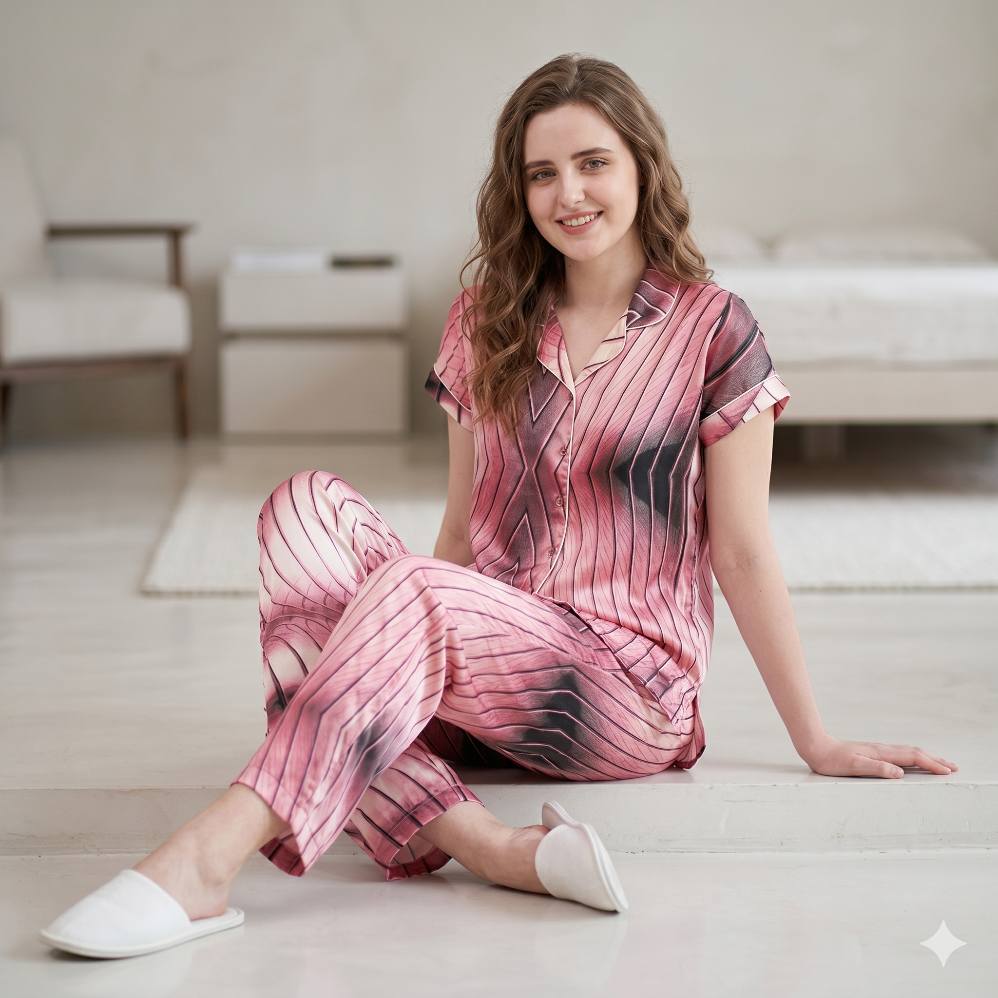 Premium Soft Satin Peach Iris Nightsuit