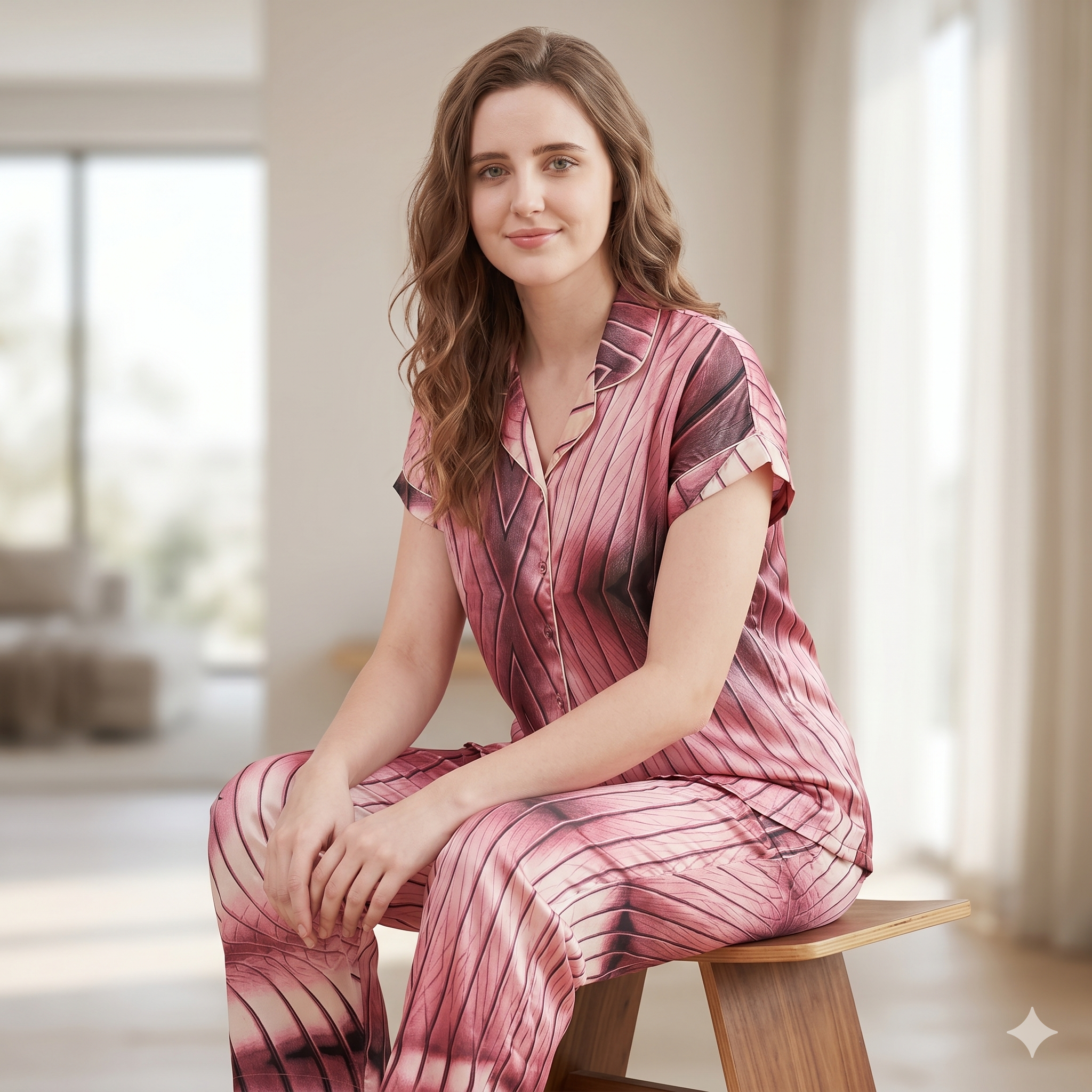 Premium Soft Satin Peach Iris Nightsuit