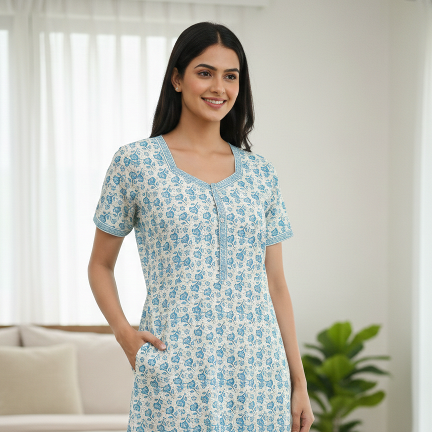 Pure Cotton A-Line Light Sky Orchid Nighty
