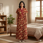 Pure Cotton Maroon Heliconia Housecoat