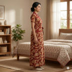 Pure Cotton Maroon Heliconia Housecoat