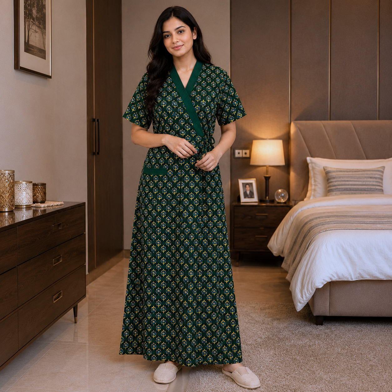 Pure Cotton Deep Green Daisy Housecoat
