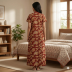 Pure Cotton Maroon Heliconia Housecoat