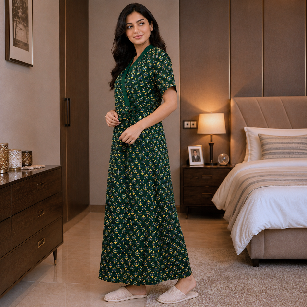 Pure Cotton Deep Green Daisy Housecoat