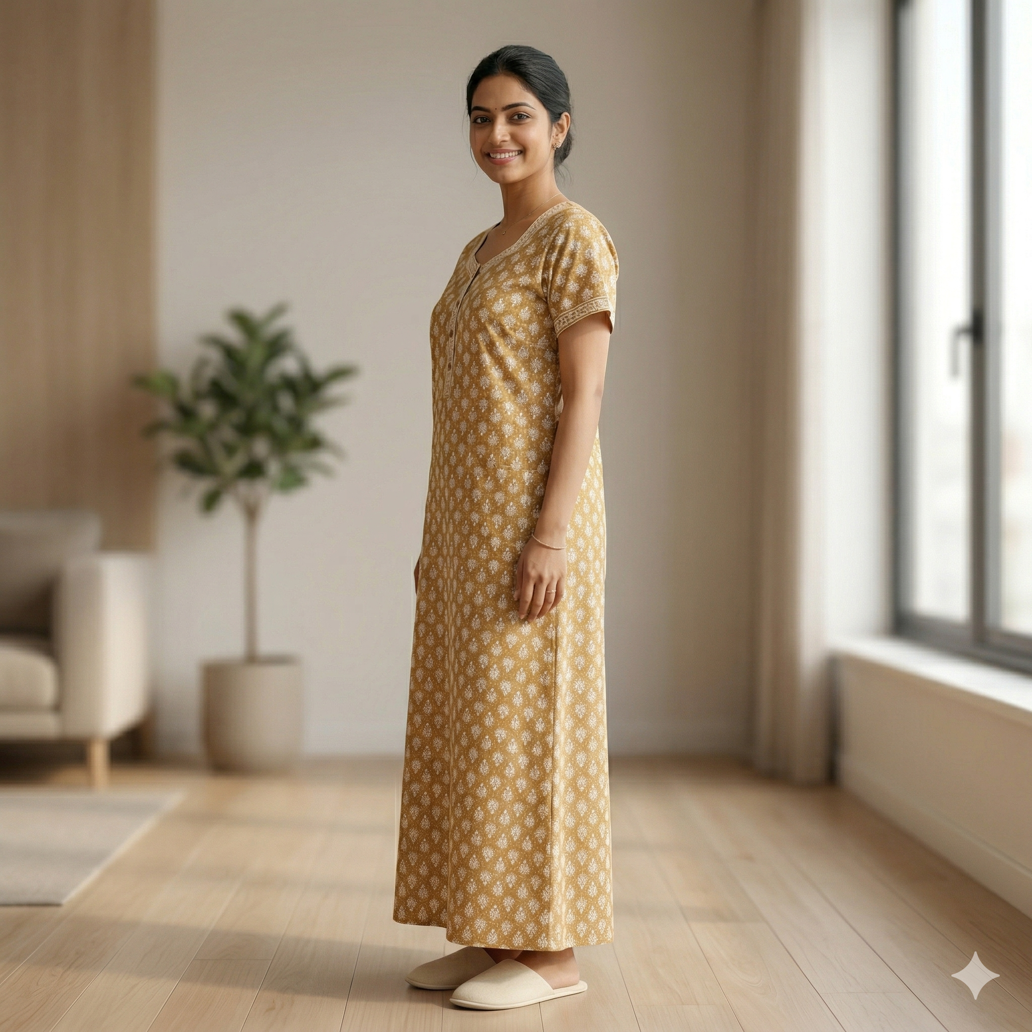 Pure Cotton A-Line Yellow Carnation Nighty