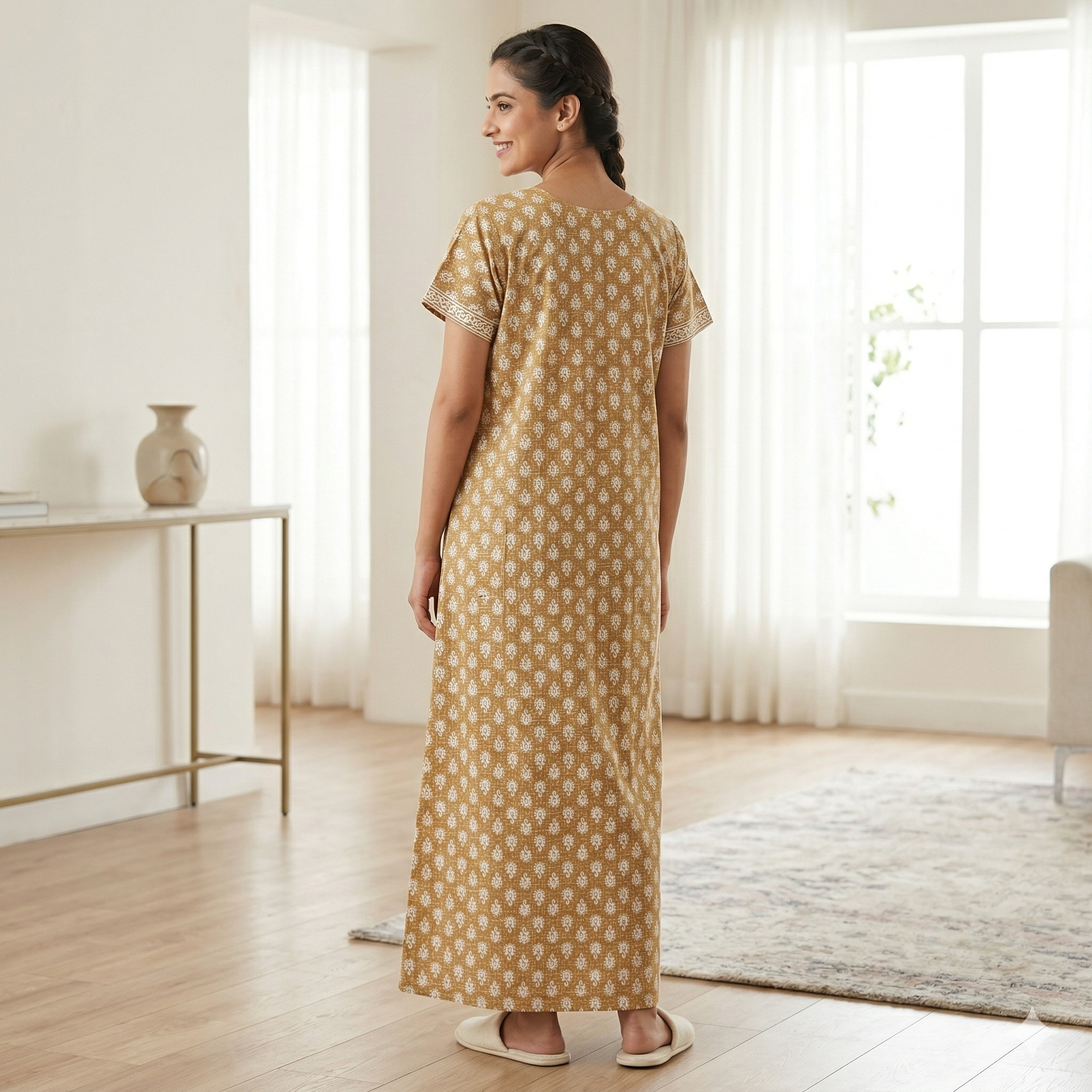 Pure Cotton A-Line Yellow Carnation Nighty
