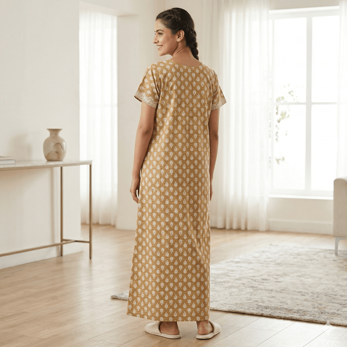 Pure Cotton A-Line Yellow Carnation Nighty