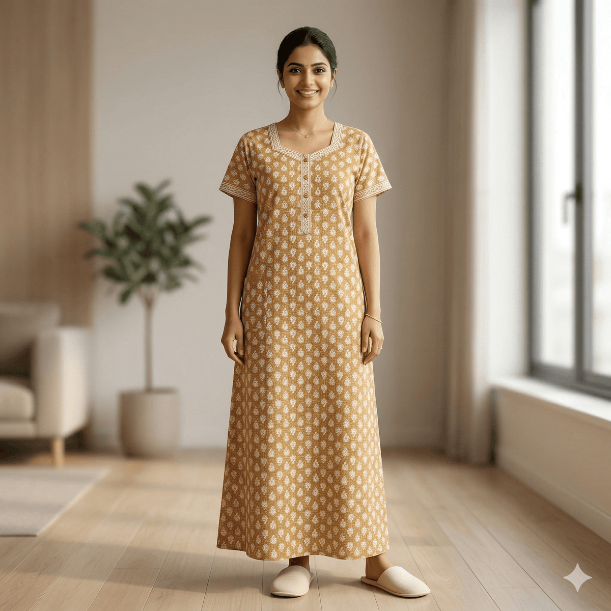 Pure Cotton A-Line Yellow Carnation Nighty