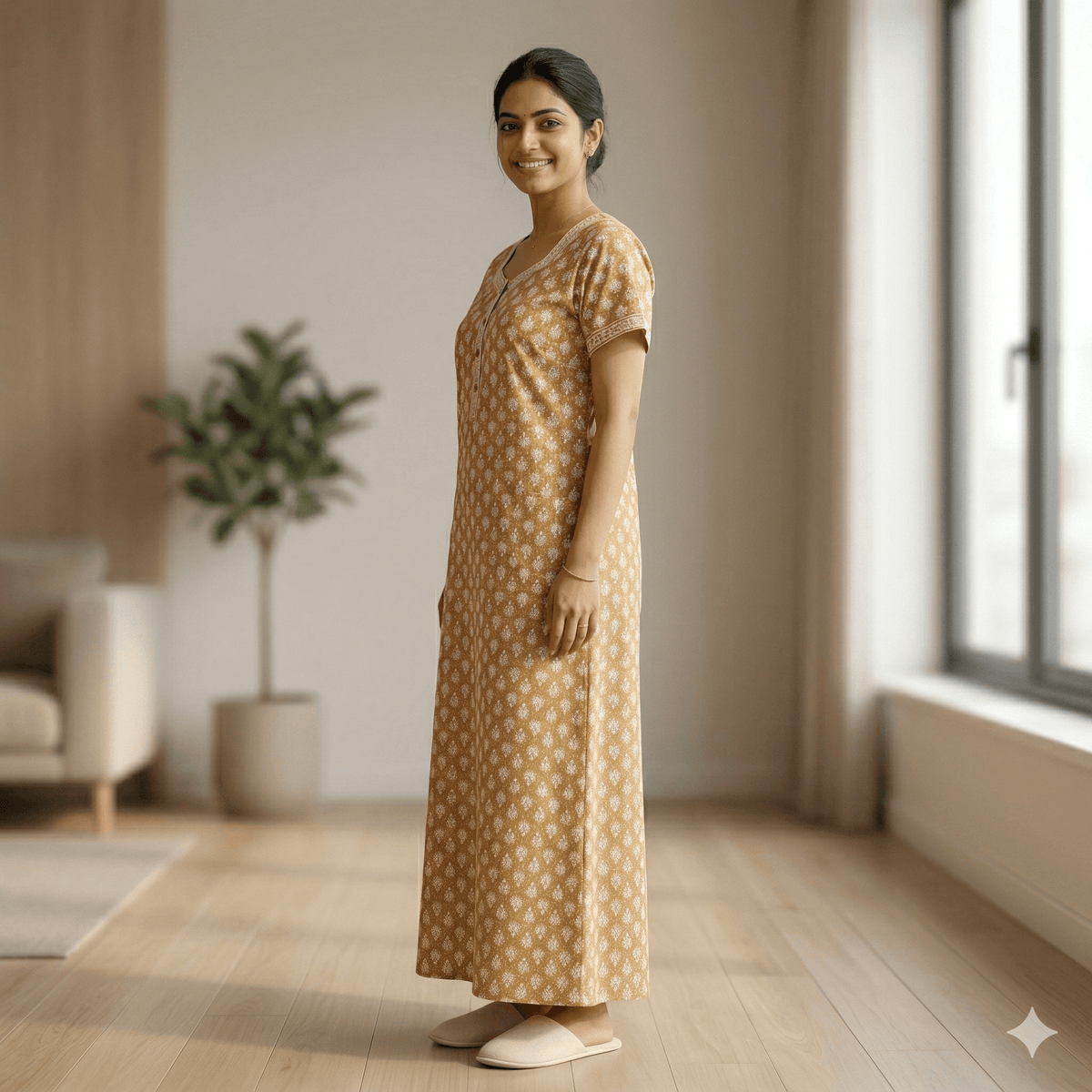 Pure Cotton A-Line Yellow Carnation Nighty