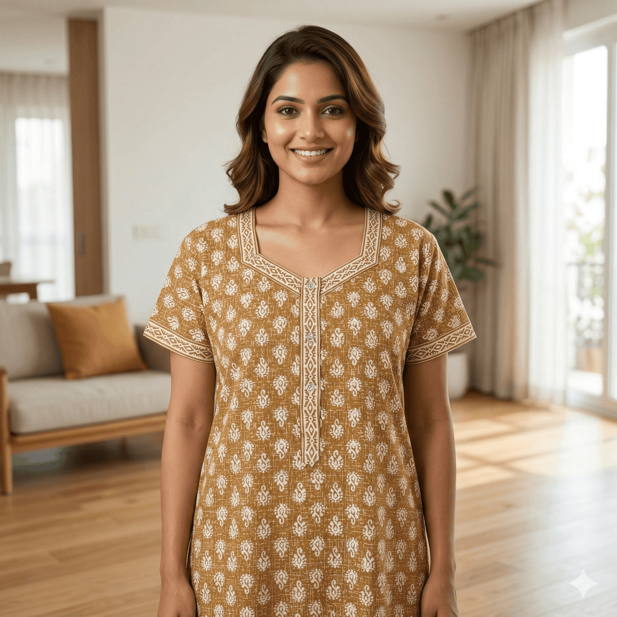 Pure Cotton A-Line Yellow Carnation Nighty