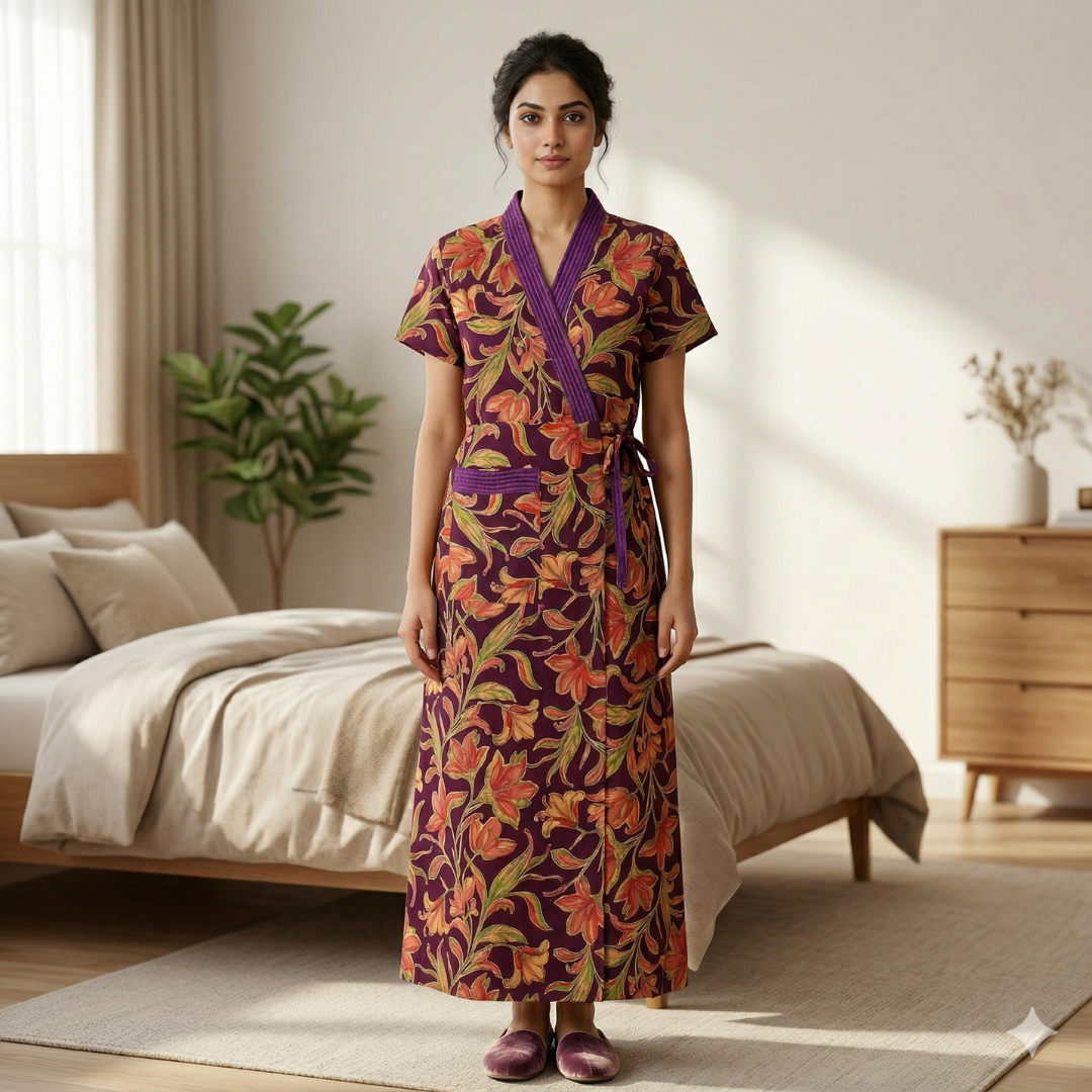 Pure Cotton Purple Heliconia Housecoat