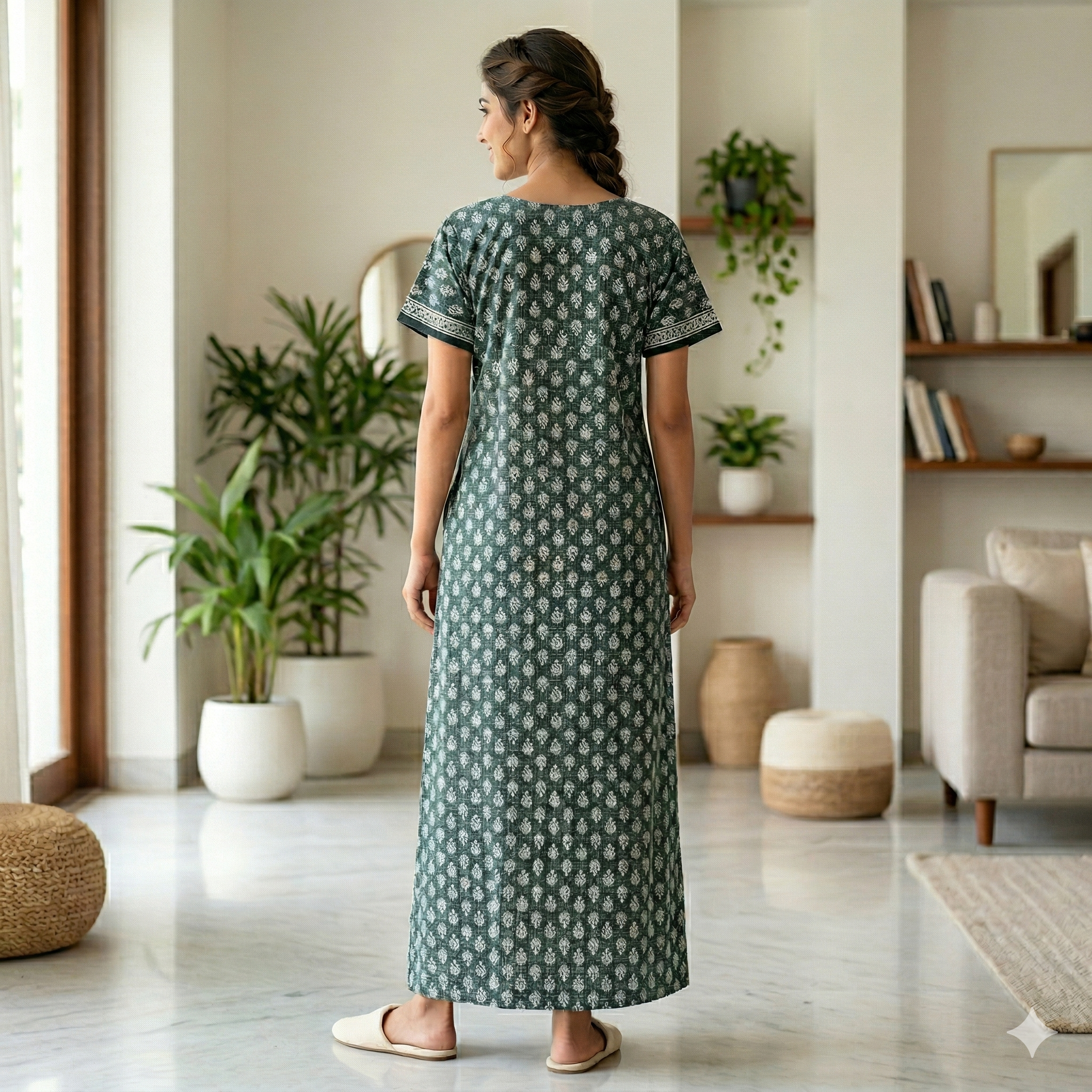 Pure Cotton A-Line Green Carnation Nighty