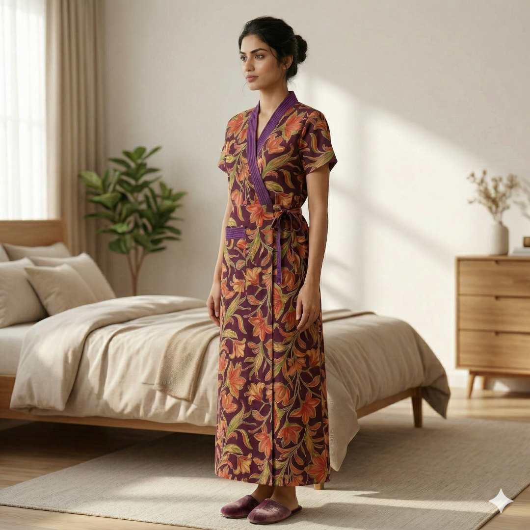 Pure Cotton Purple Heliconia Housecoat