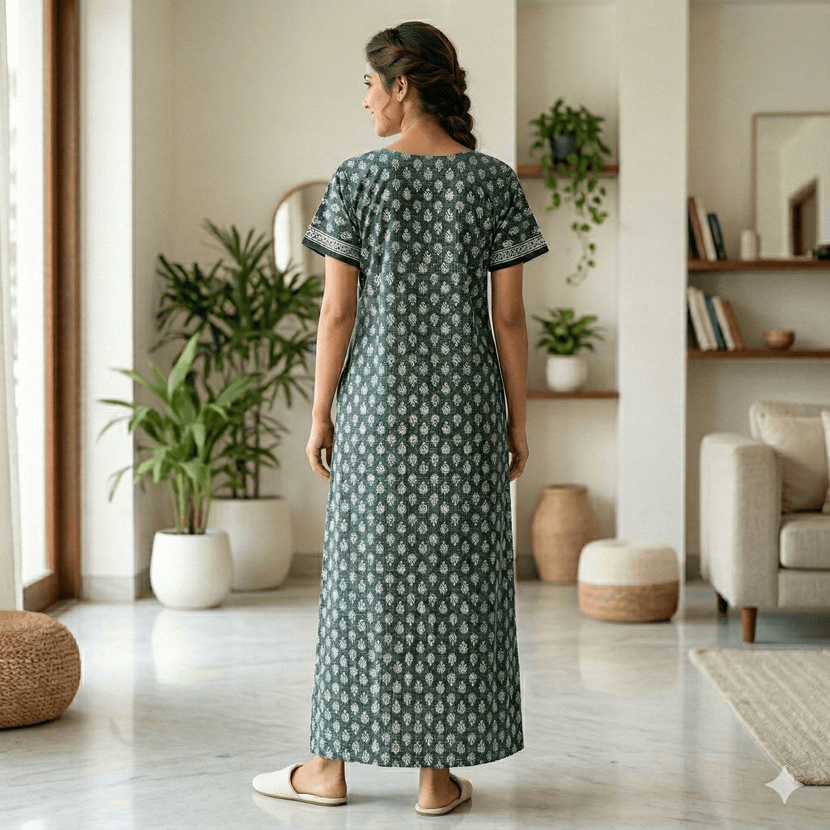 Pure Cotton A-Line Green Carnation Nighty