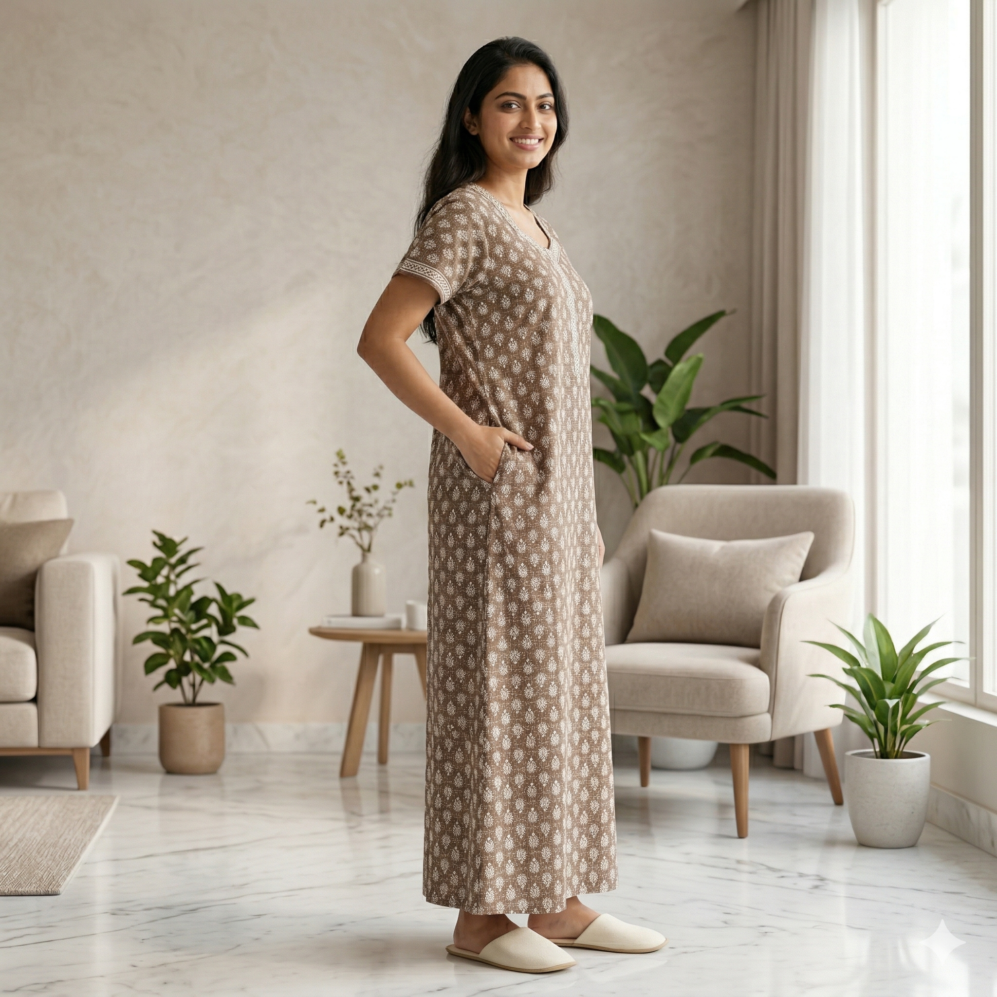 Pure Cotton A-Line Brown Carnation Nighty
