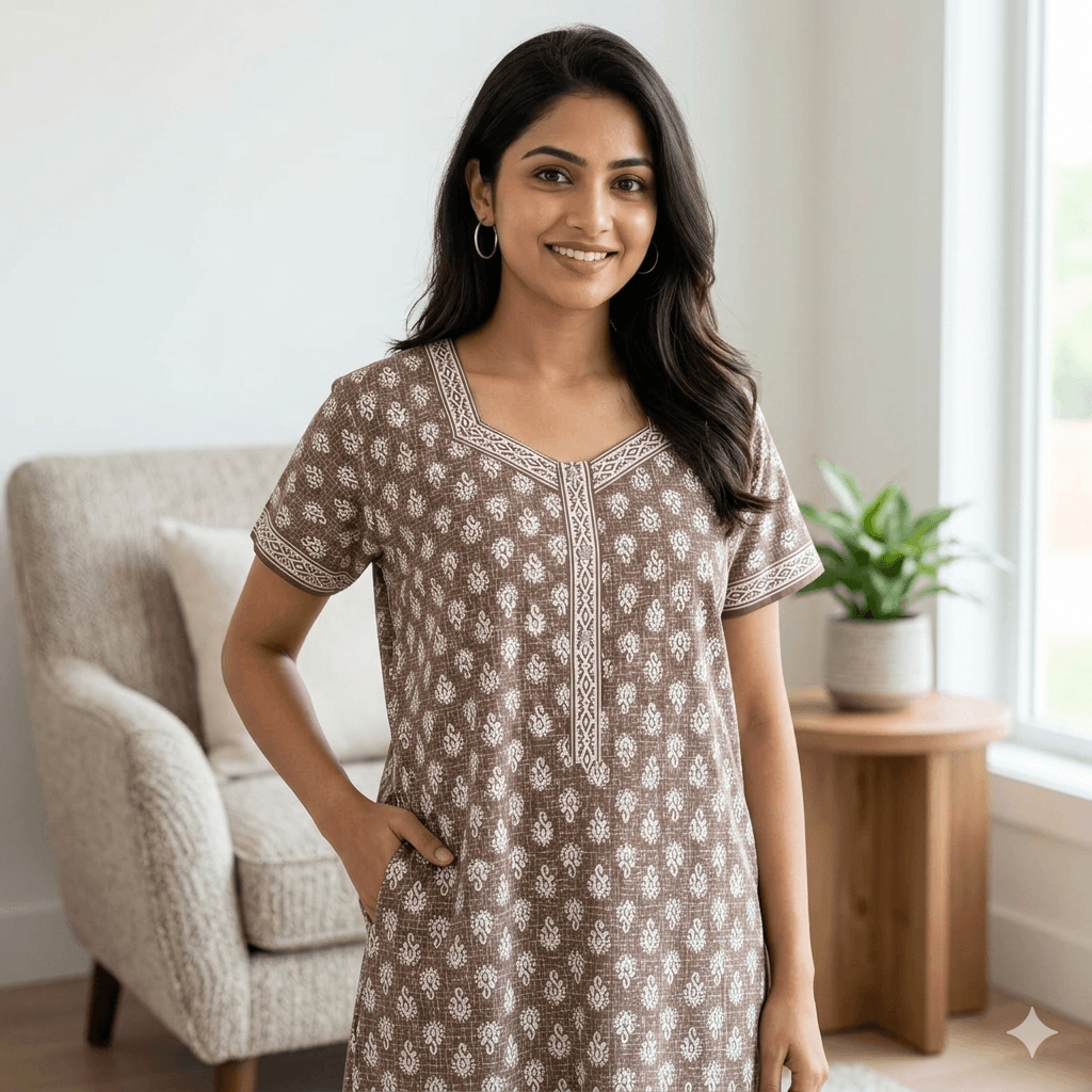 Pure Cotton A-Line Brown Carnation Nighty