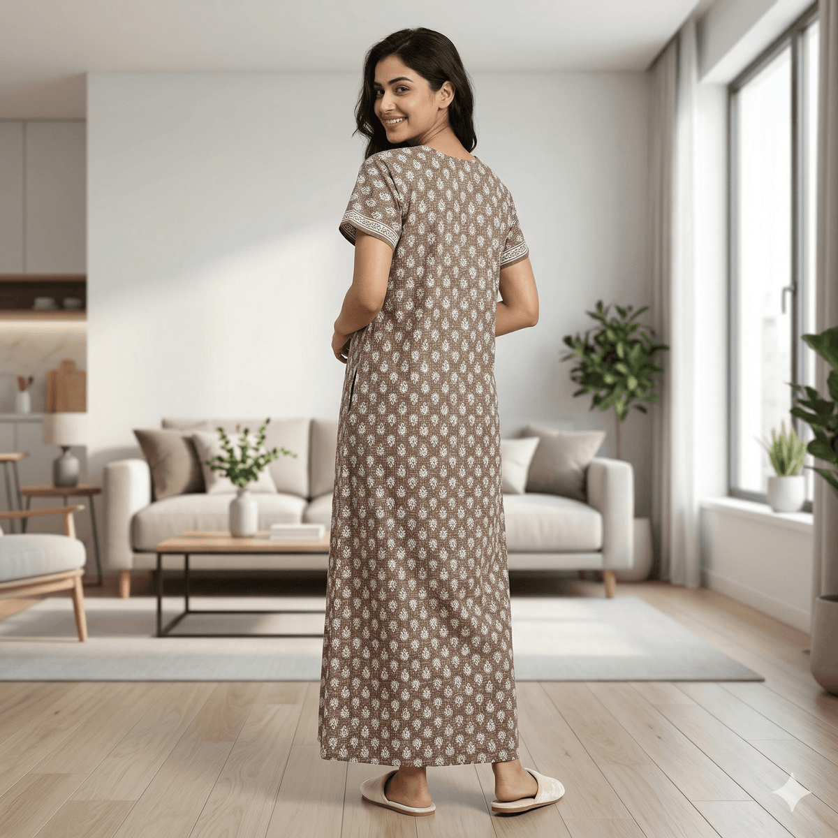Pure Cotton A-Line Brown Carnation Nighty