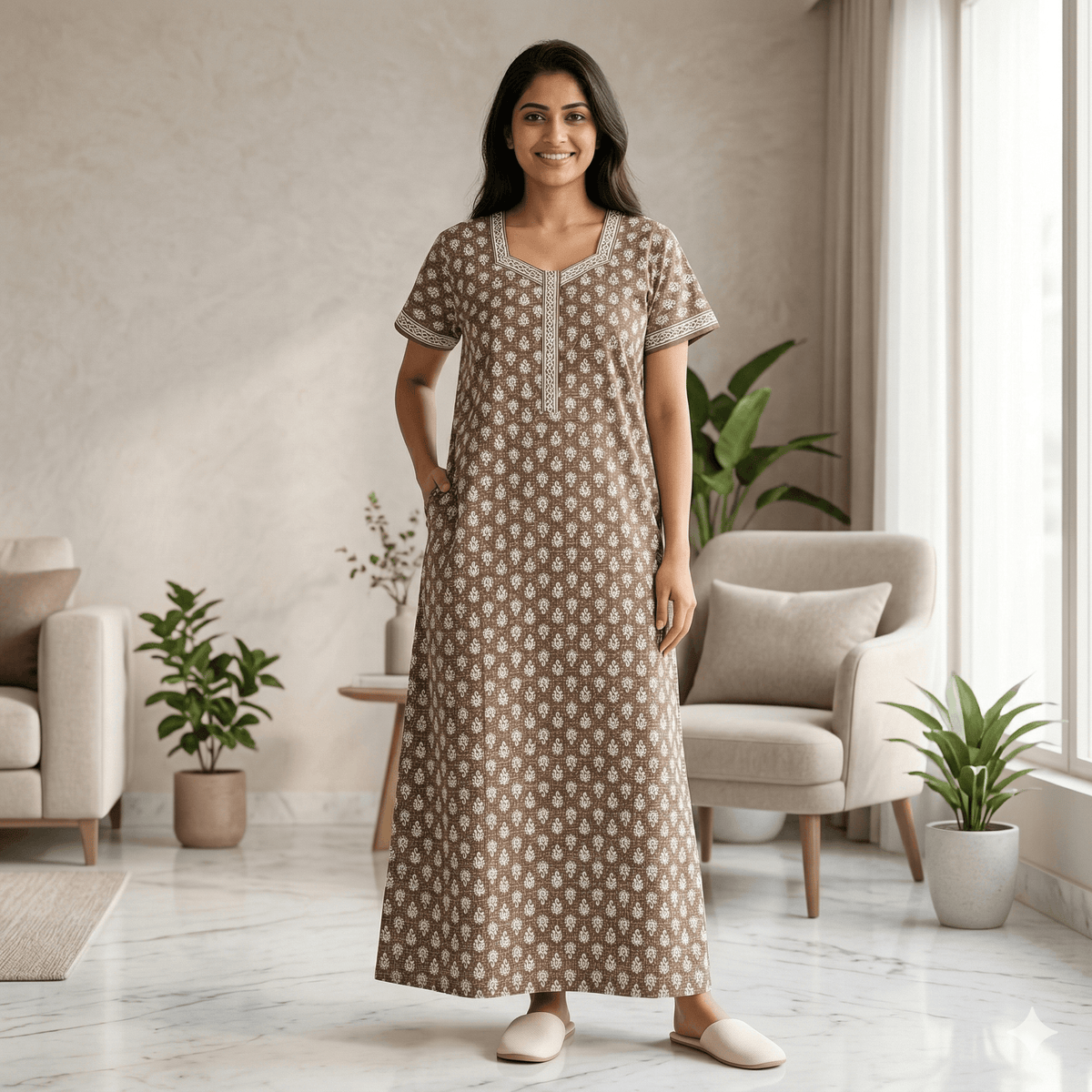 Pure Cotton A-Line Brown Carnation Nighty