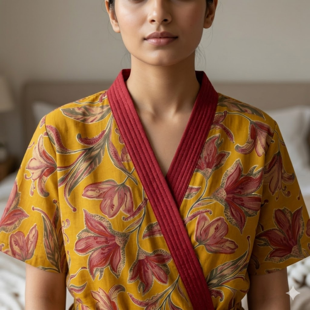 Pure Cotton Yellow Heliconia Housecoat