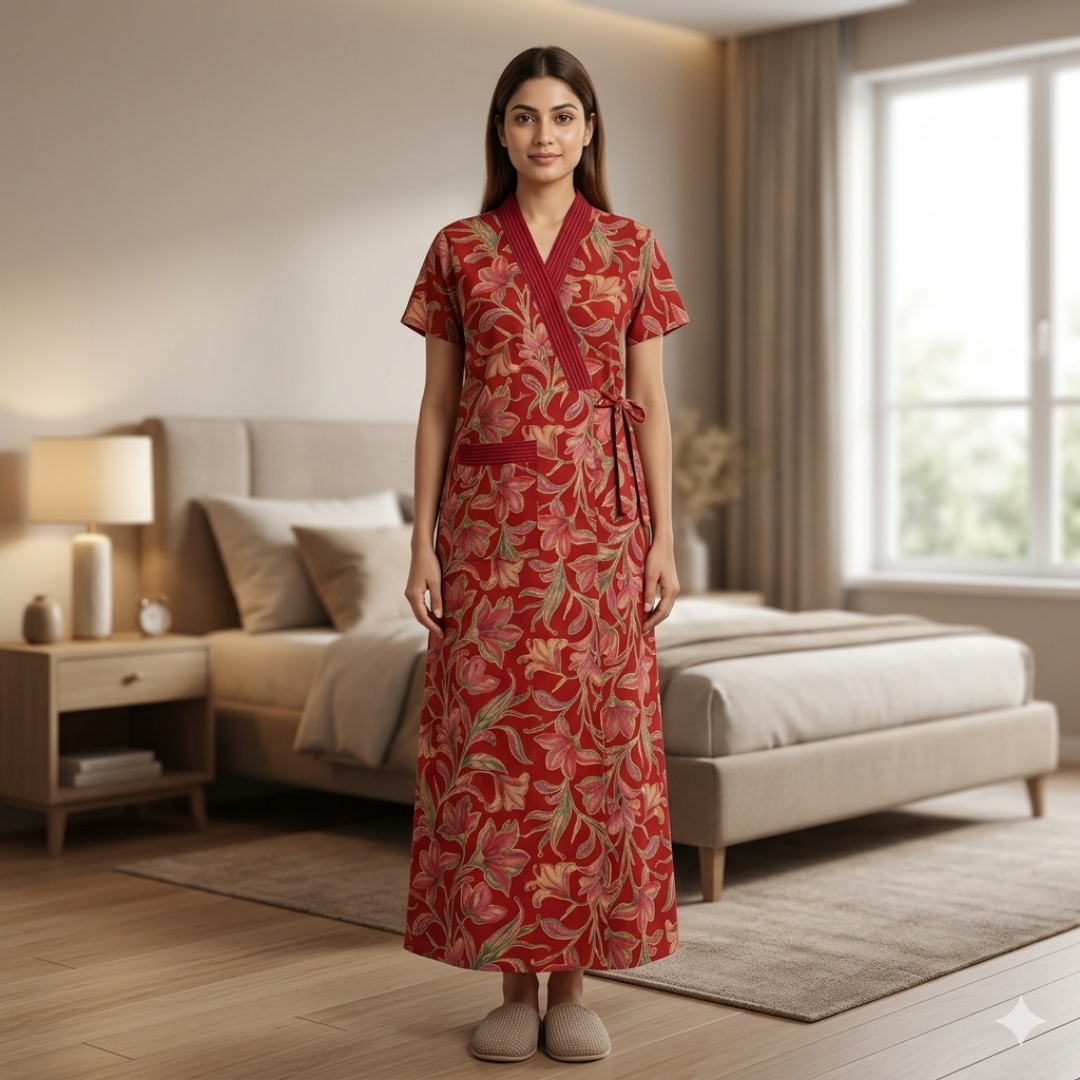 Pure Cotton Red Heliconia Housecoat