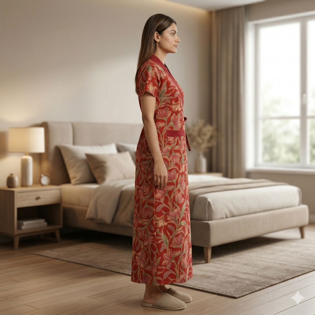 Pure Cotton Red Heliconia Housecoat