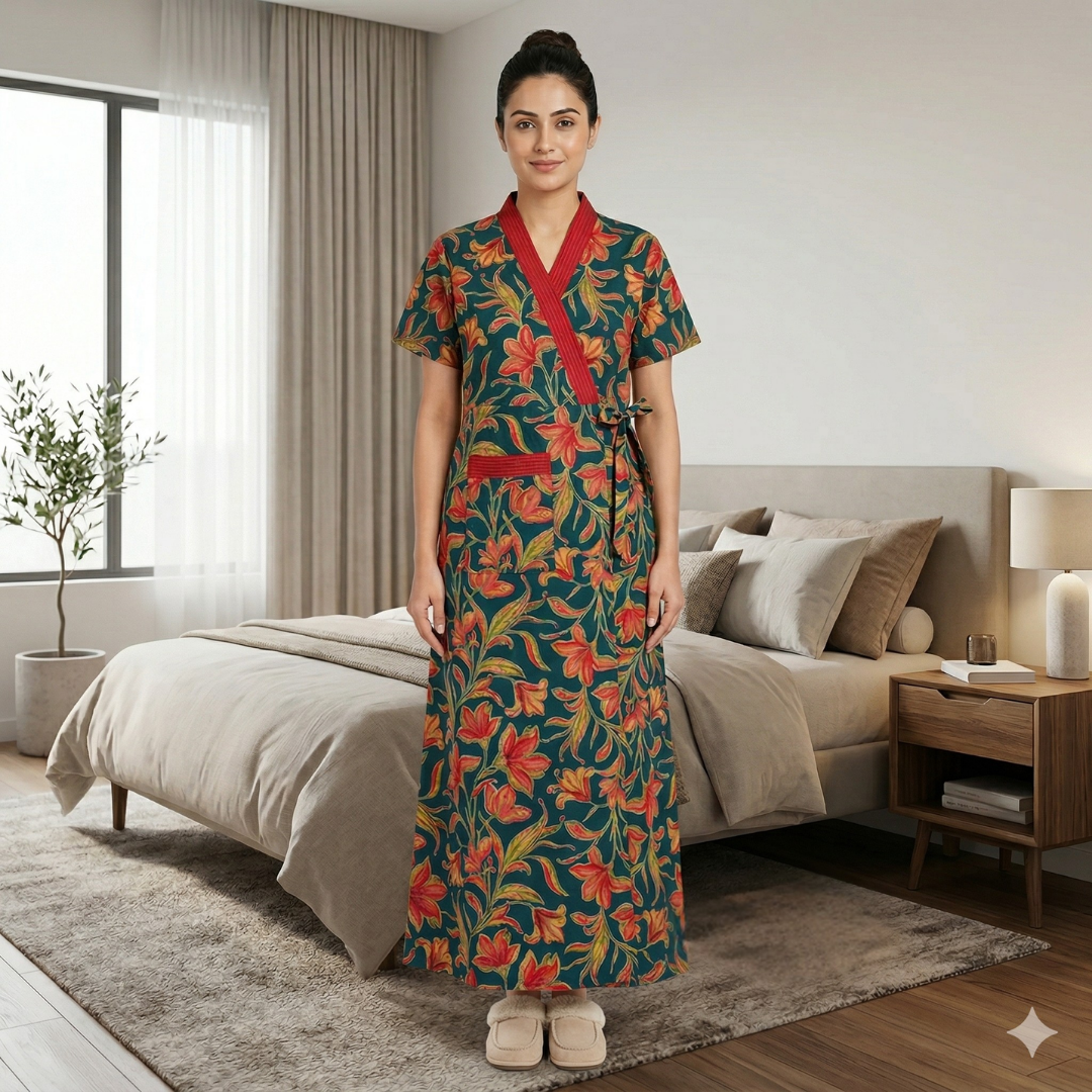 Pure Cotton Green Heliconia Housecoat
